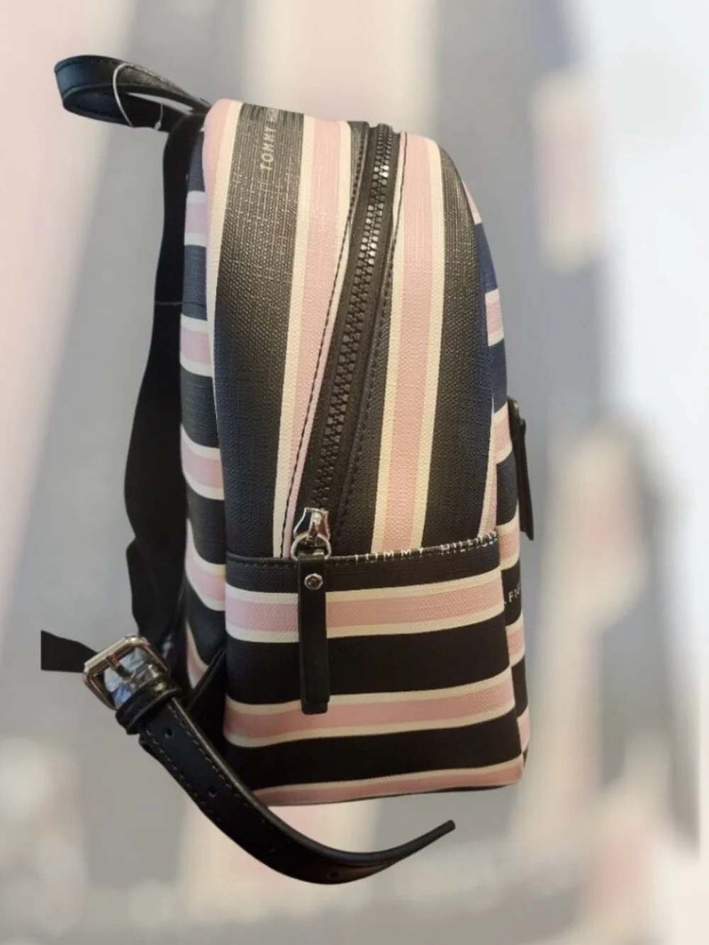 Tommy Hilfiger Black and Light Pink Striped Mini Backpack, NWT, MSRP $108